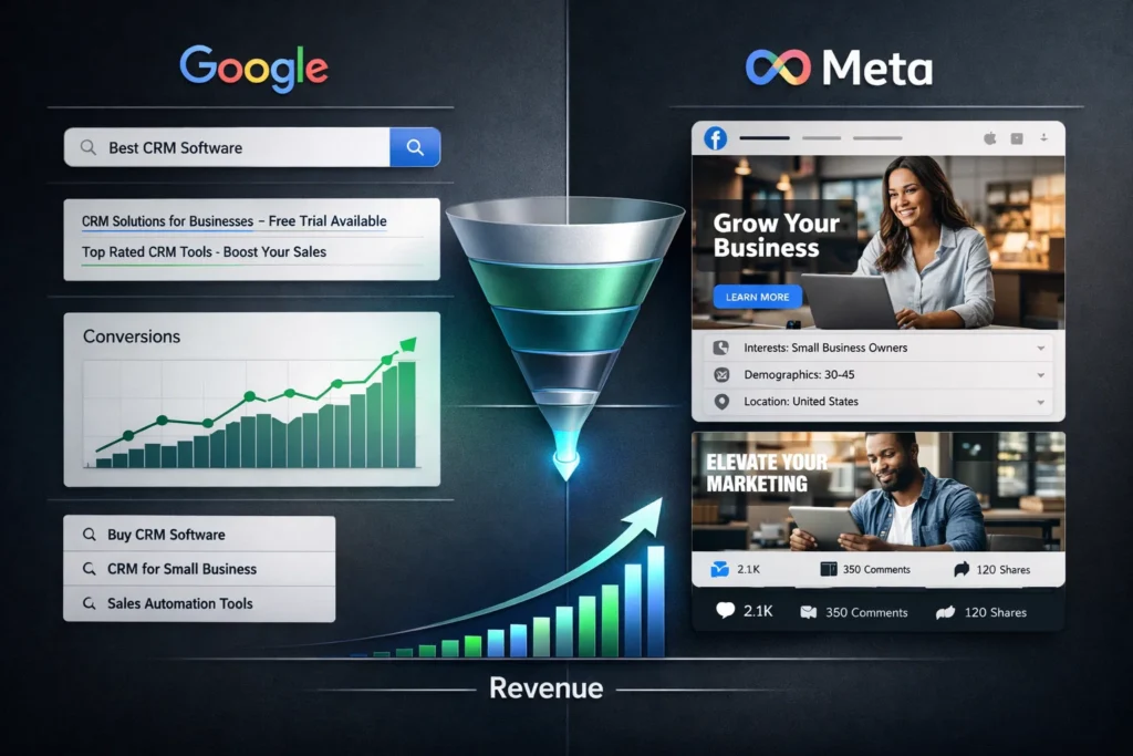 Google Ads vs Meta Ads comparison showing search intent and social media advertising driving revenue growth