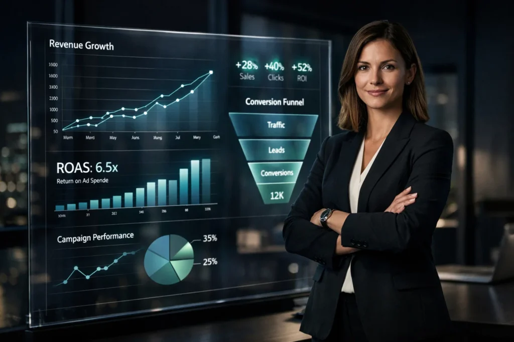 Performance marketing strategy visual showing data-driven growth charts and revenue analytics