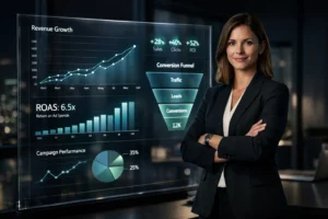 Performance marketing strategy visual showing data-driven growth charts and revenue analytics